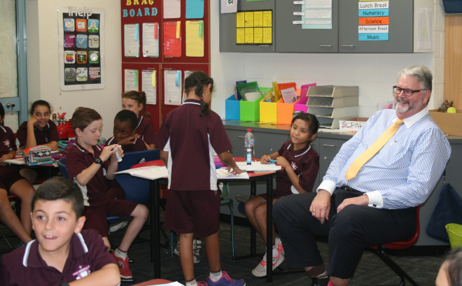 Greg Whitby enjoying a class at Mary Immaculate Primary, Quakers Hill